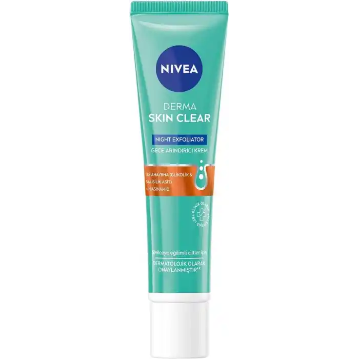 NIVEA Derma Skin Clear Night Exfoliator Gece Arındırıcı Krem 40ml,%8 Glikolik Asit (AHA) ve Salisilik Asit (BHA) ile Sivilce Karşıtı Etki,Eşit Cilt Tonu