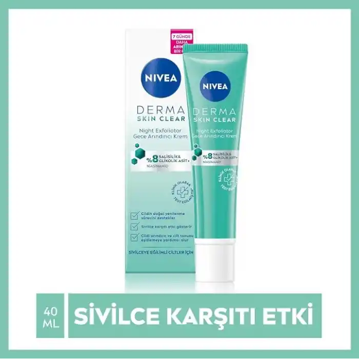 NIVEA Derma Skin Clear Night Exfoliator Gece Arındırıcı Krem 40ml,%8 Glikolik Asit (AHA) ve Salisilik Asit (BHA) ile Sivilce Karşıtı Etki,Eşit Cilt Tonu