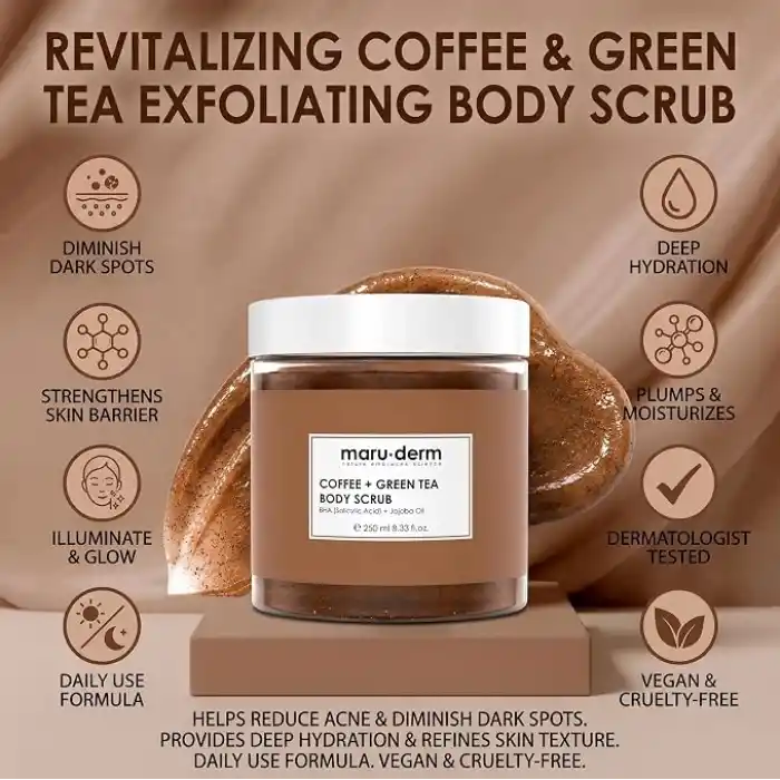 Maruderm Kahve ve Yeşil Çay Özlü Vücut Peelingi – BHA & Jojoba Yağı ile Arındırıcı, Söğüt Kabuğu Özütlü Peeling, 250 ML