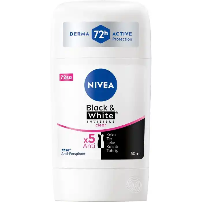 NIVEA Kadın Stick Deodorant Black&White Invisible Clear 72 Saat Anti-Perspirant Koruma, 50 ml