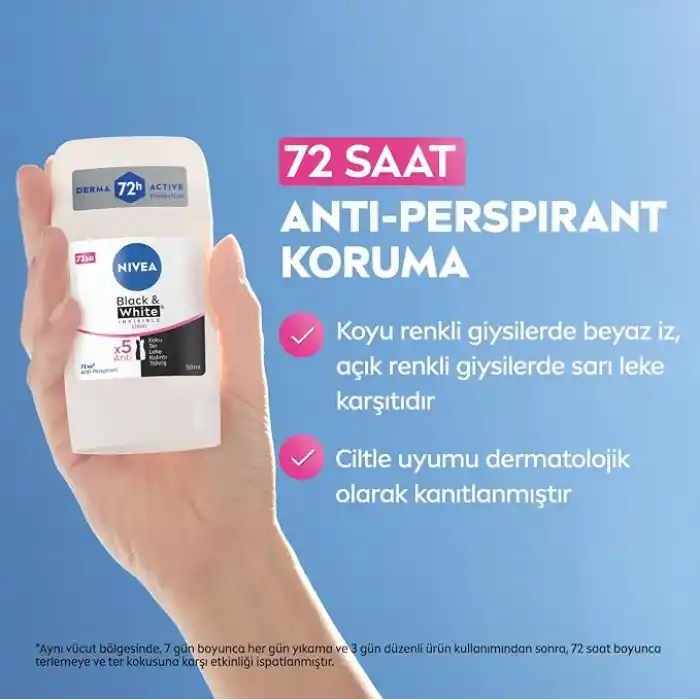 NIVEA Kadın Stick Deodorant Black&White Invisible Clear 72 Saat Anti-Perspirant Koruma, 50 ml