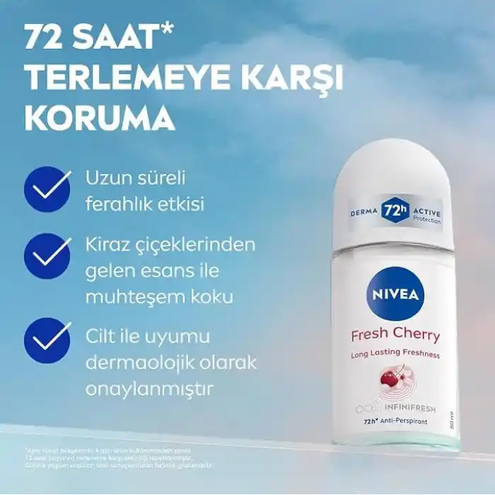 NIVEA Kadın Roll On Deodorant Fresh Cherry, 72 Saat Anti-perspirant Koruma, 50ml