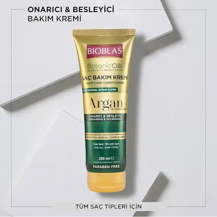 Bioblas Saç Dökülmesine Karşı Bakım Kremi – Argan Yağlı, Bitkisel Kompleks B19,%74 Bitkisel Serum, Onarıcı & Parlaklık Veren Saç Kremi, 250 ml