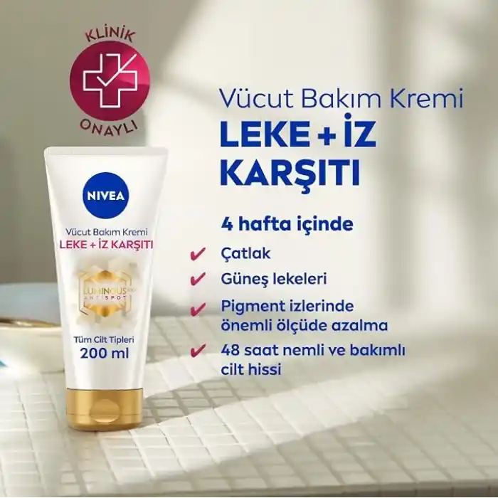 NIVEA Luminous630 Leke ve İz Karşıtı Vücut Bakım Kremi 200ml, Çatlak ve Güneş Lekesi İyileştirici, 48 Saat Nemlendirici