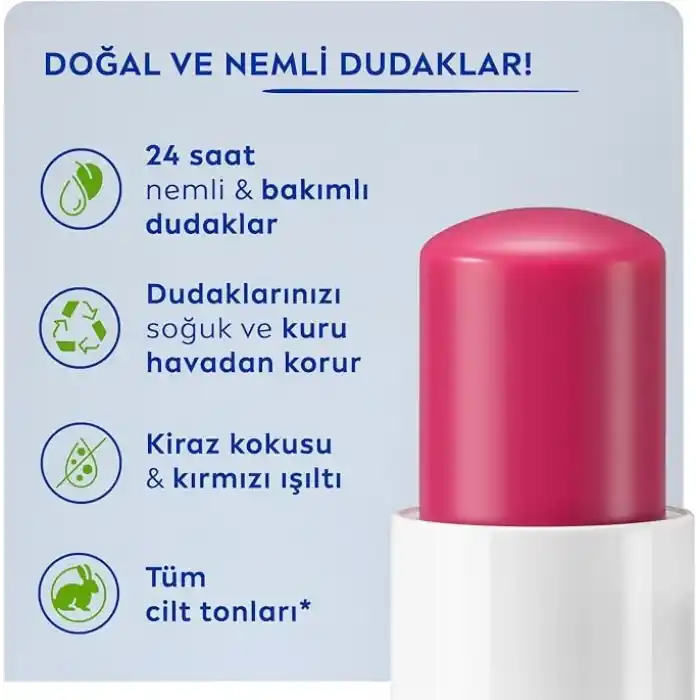 NIVEA Kiraz Dudak Bakım Kremi, 24 Saat Nem, Dudak Bakımı, Kiraz Kokusu, Hafif Kırmızı Işıltı (4,8gr)