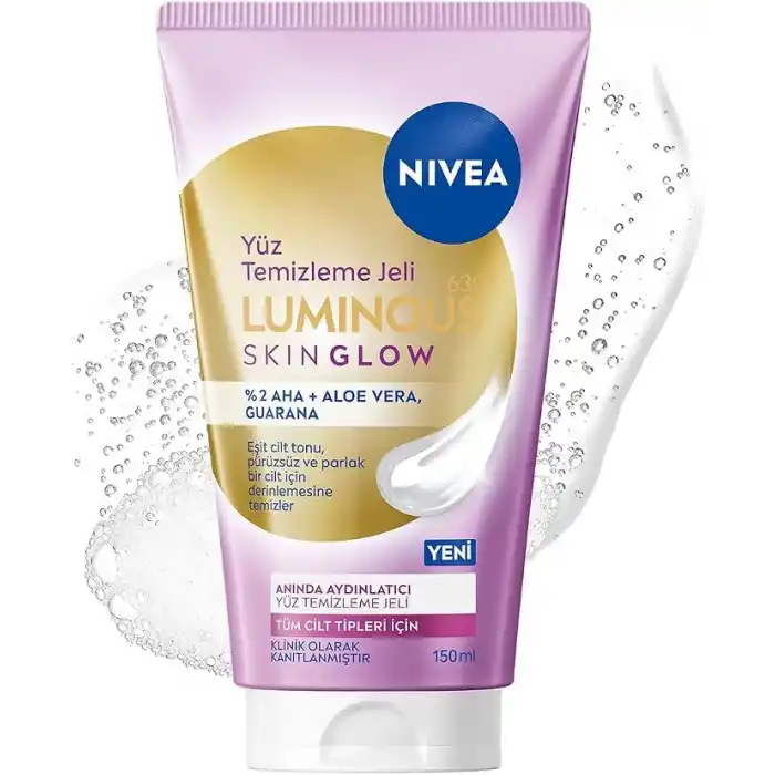 NIVEA Luminous630 Skin Glow Anında Aydınlatıcı Yüz Temizleme Jeli 150 ml, AHA, Aloe Vera, Pürüzsüzleştirici, Eşit Cilt Tonu, Parlak Cilt