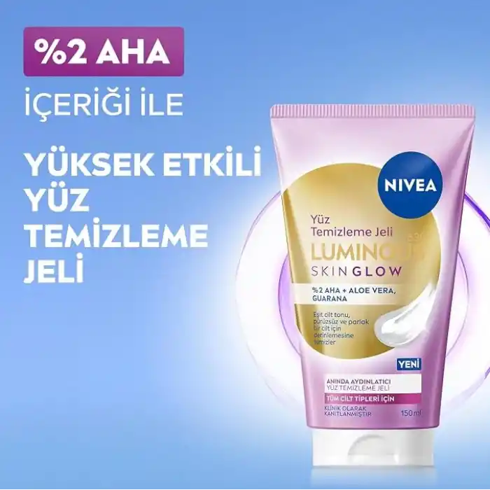 NIVEA Luminous630 Skin Glow Anında Aydınlatıcı Yüz Temizleme Jeli 150 ml, AHA, Aloe Vera, Pürüzsüzleştirici, Eşit Cilt Tonu, Parlak Cilt