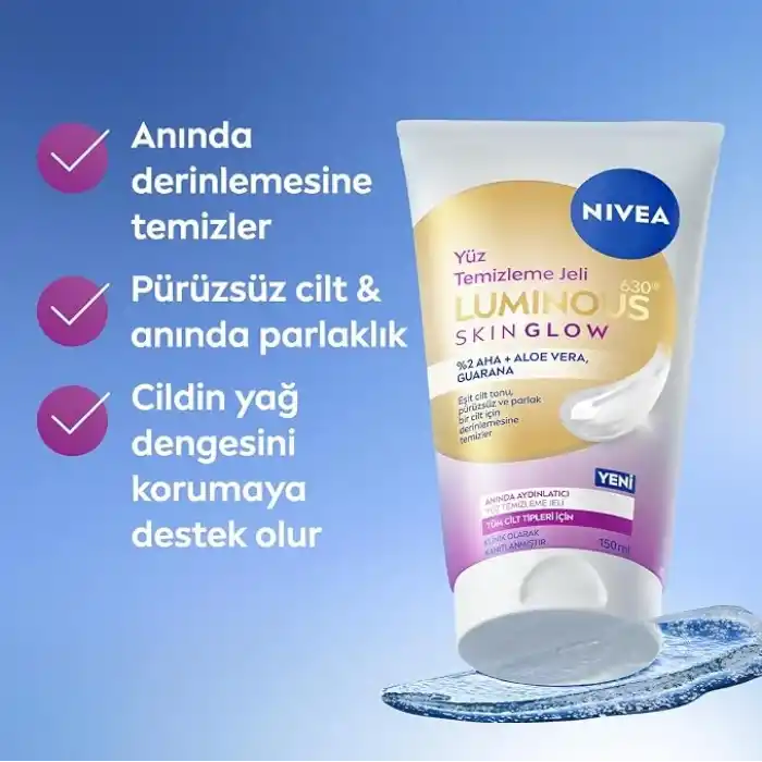 NIVEA Luminous630 Skin Glow Anında Aydınlatıcı Yüz Temizleme Jeli 150 ml, AHA, Aloe Vera, Pürüzsüzleştirici, Eşit Cilt Tonu, Parlak Cilt
