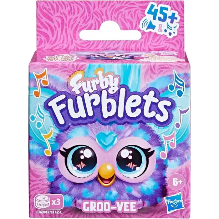 Furby Furblets Groo-Vee Mini Friend, 45+ Sounds & Music, Speaks Only Furbish, Electronic Plush Toys for 6 Year Olds & Up, Purple
