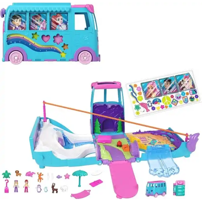 POLLY POCKET™ KARAVAN MACERASI™ Polly Pocket Karavan Macerası oyun seti, mikro bebekler, dönüştürülebilir karavan, evcil hayvanlar ve oyuncak araba JCC22