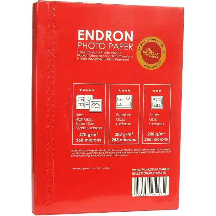 Endron 15 x 21 cm inkjet fotoğraf kağıdı Ultra Premium 100 adet 270 gr Mürekkep yazıcı uyumlu A5 148mmX210mm Parlak
