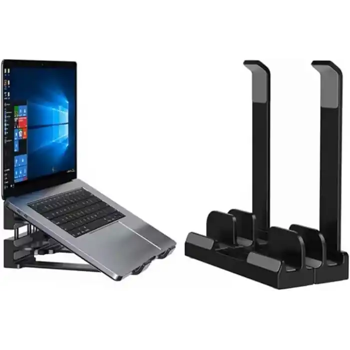 McStorey Laptop Stand Dikey ve Eğimli 3 Slotlu Ayarlanabilir Masaüstü Organizer Telefon Tablet Uyumlu Kaymaz Silikon Pedli Ergonomik Masa Düzenleyici PVC TPU Alaşım Siyah
