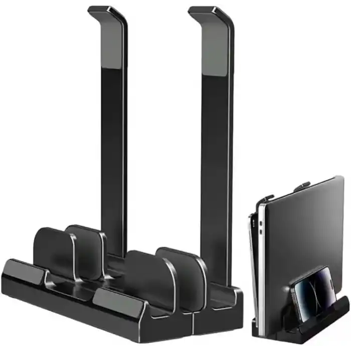 McStorey Laptop Stand Dikey ve Eğimli 3 Slotlu Ayarlanabilir Masaüstü Organizer Telefon Tablet Uyumlu Kaymaz Silikon Pedli Ergonomik Masa Düzenleyici PVC TPU Alaşım Siyah