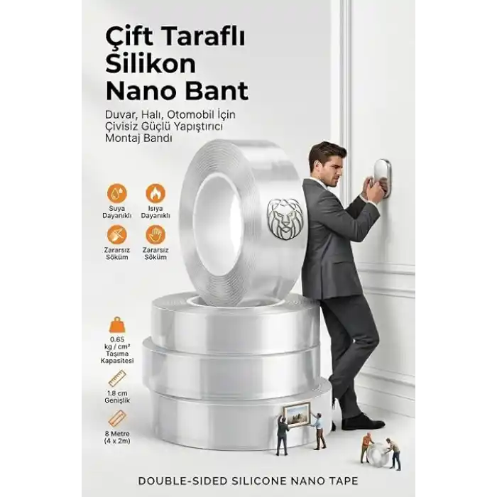 Transformacion 8 Metre Çift Taraflı Şeffaf Akrilik Silikon Nano Bant - Duvar, Halı, Otomobil İçin Çivisiz Güçlü Yapıştırıcı Montaj Bandı 718950