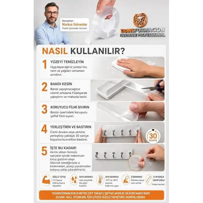 Transformacion 8 Metre Çift Taraflı Şeffaf Akrilik Silikon Nano Bant - Duvar, Halı, Otomobil İçin Çivisiz Güçlü Yapıştırıcı Montaj Bandı 718950