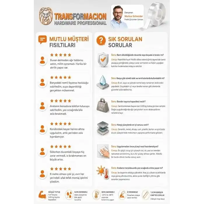Transformacion 8 Metre Çift Taraflı Şeffaf Akrilik Silikon Nano Bant - Duvar, Halı, Otomobil İçin Çivisiz Güçlü Yapıştırıcı Montaj Bandı 718950