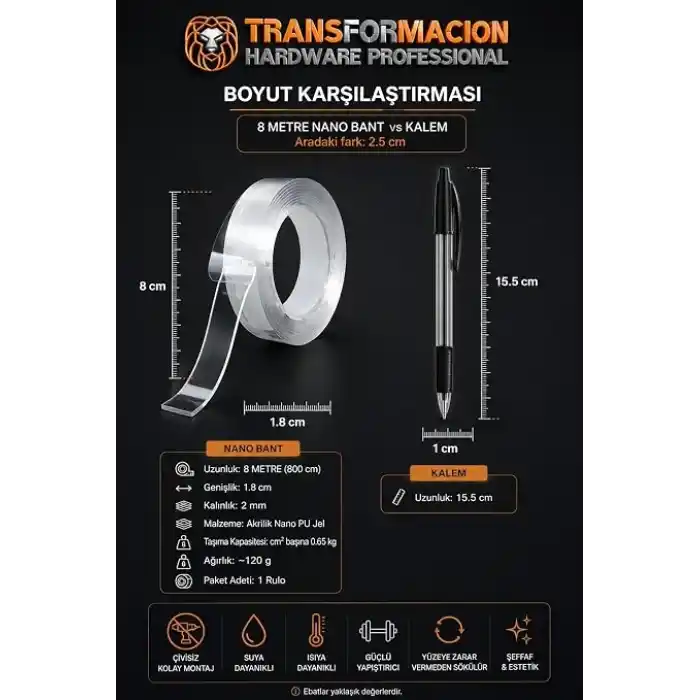 Transformacion 8 Metre Çift Taraflı Şeffaf Akrilik Silikon Nano Bant - Duvar, Halı, Otomobil İçin Çivisiz Güçlü Yapıştırıcı Montaj Bandı 718950