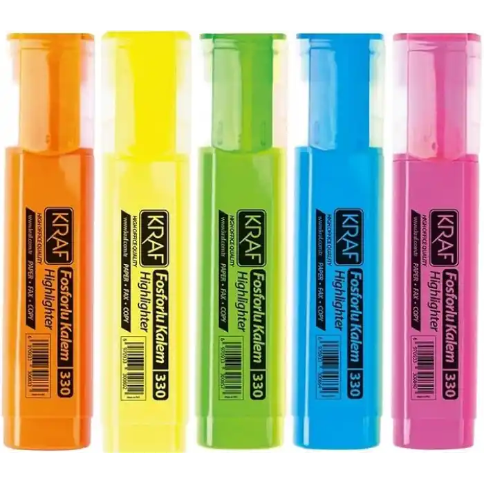 Kraf Fosforlu Kalem 330, 5li Set, Orta Uç, Çok Renkli, Plastik Gövde, Öğrenciler için İdeal