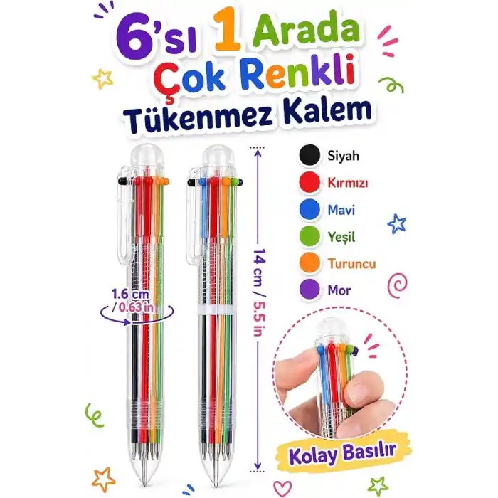 TELVESSE 6 Renkli Basmalı Tükenmez Kalem Siyah Mavi Kırmızı Turuncu Yeşil Mor Çok Renkli Tükenmez Kalem P3515