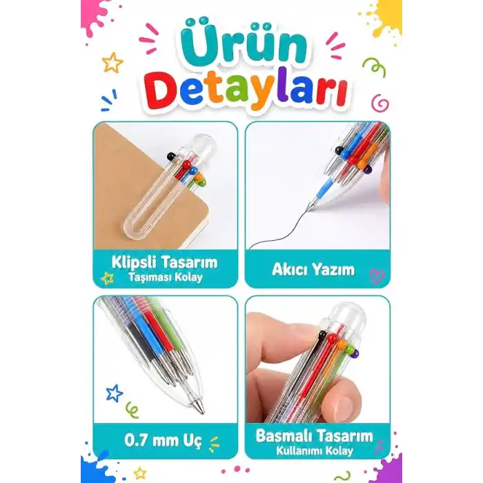 TELVESSE 6 Renkli Basmalı Tükenmez Kalem Siyah Mavi Kırmızı Turuncu Yeşil Mor Çok Renkli Tükenmez Kalem P3515