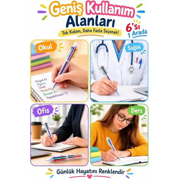 TELVESSE 6 Renkli Basmalı Tükenmez Kalem Siyah Mavi Kırmızı Turuncu Yeşil Mor Çok Renkli Tükenmez Kalem P3515
