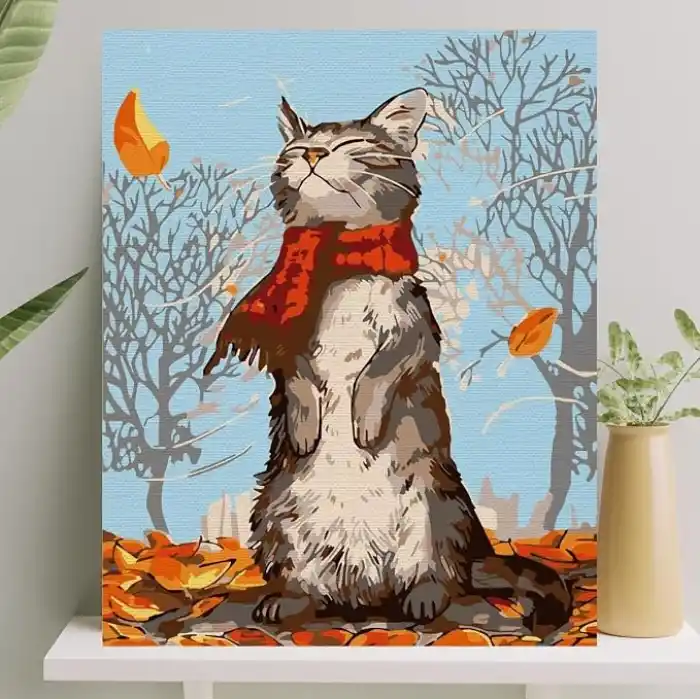 Palmiye Hobi Sanat Sayılarla Boyama Tuval Seti Fırça Boya Dahil (Çıtalı) 40x50 CM - Kedi ve Sonbahar