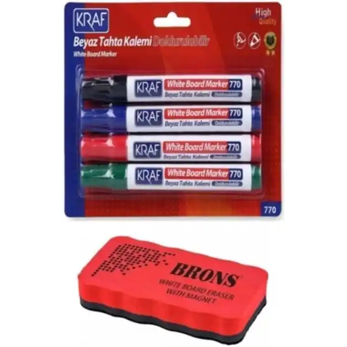 KRAF Beyaz Tahta Kalemi Doldurulabilir 770, 4lü Set, Mıknatıslı Eva Tahta Silgisi