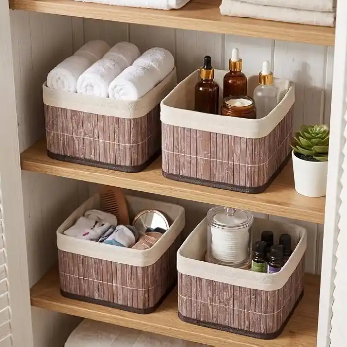 Deconox Bambu Çok Amaçlı Saklama Kutusu Düzenleyici Kare Organizer, Dekoratif Bambu Düzenleyici GRİ (20x20x13cm) (4 ADET)