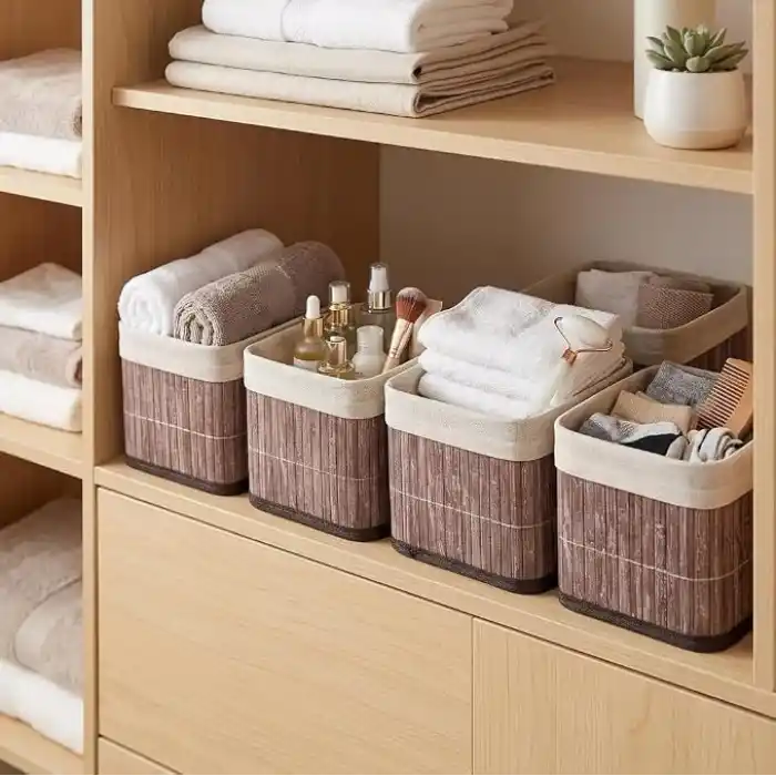 Deconox Bambu Çok Amaçlı Saklama Kutusu Düzenleyici Kare Organizer, Dekoratif Bambu Düzenleyici GRİ (20x20x13cm) (4 ADET)
