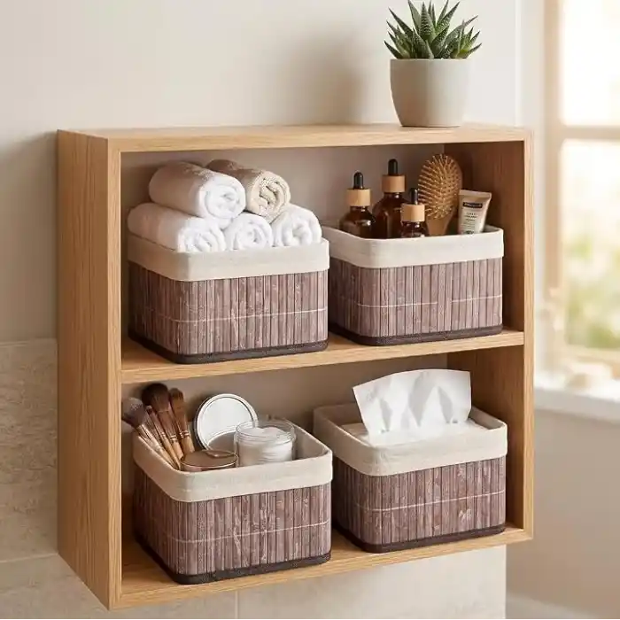 Deconox Bambu Çok Amaçlı Saklama Kutusu Düzenleyici Kare Organizer, Dekoratif Bambu Düzenleyici GRİ (20x20x13cm) (4 ADET)