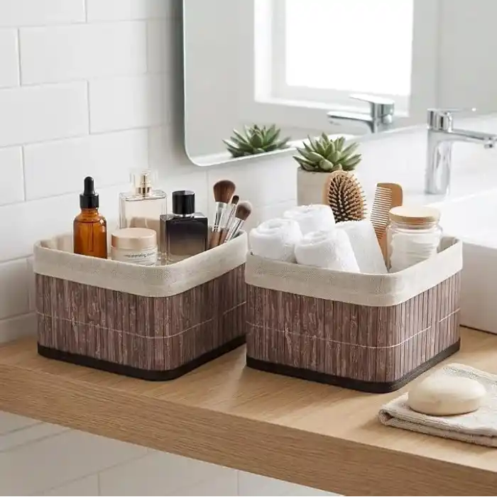 Deconox Bambu Çok Amaçlı Saklama Kutusu Düzenleyici Kare Organizer, Dekoratif Bambu Düzenleyici GRİ (20x20x13cm) (4 ADET)