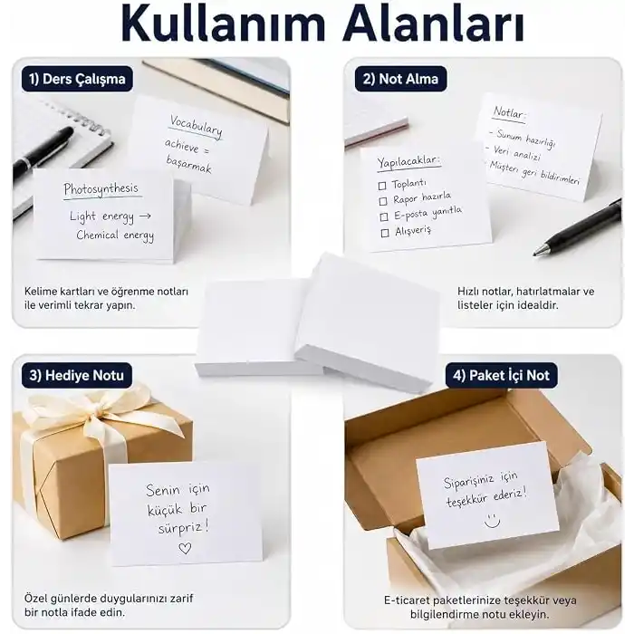 200 Adet 7 x 10 cm Boş Not Kartı – 200 Gr Kalın 1. Hamur Beyaz Kâğıt – Ders Çalışma, Hediye Notu, Paket İçi Teşekkür ve Hatırlatma Kartı