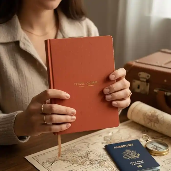 Fark Tanıtım Travel Journal – Sert Kapaklı Seyahat Günlüğü, A5 Boyutunda, Planlama & Anı Alanı – Anı Defteri (Kiremit)