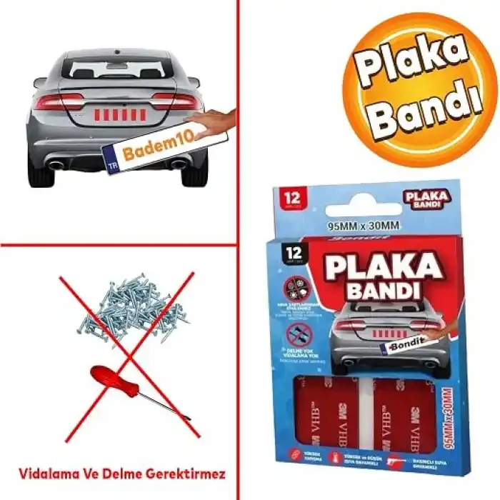 Badem10 Bondit Araç Plaka Güçlü Yapıştırıcı 3M Yapıştırma Çift Taraflı Bant Bandı 95mm X 35mm BND01069530