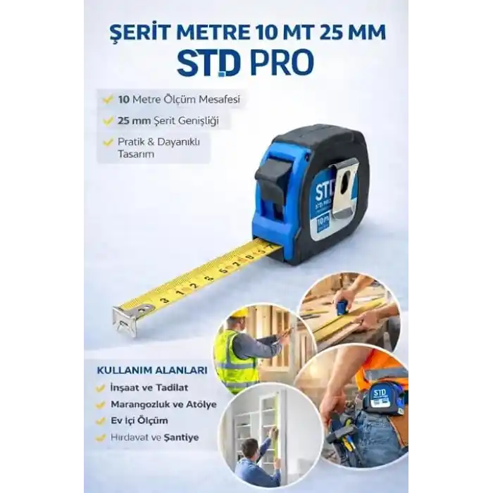 STD PRO Şerit Metre, 10m Uzunluk, 25mm Genişlik, Pratik ve Dayanıklı Tasarım, İnşaat ve Tadilat için