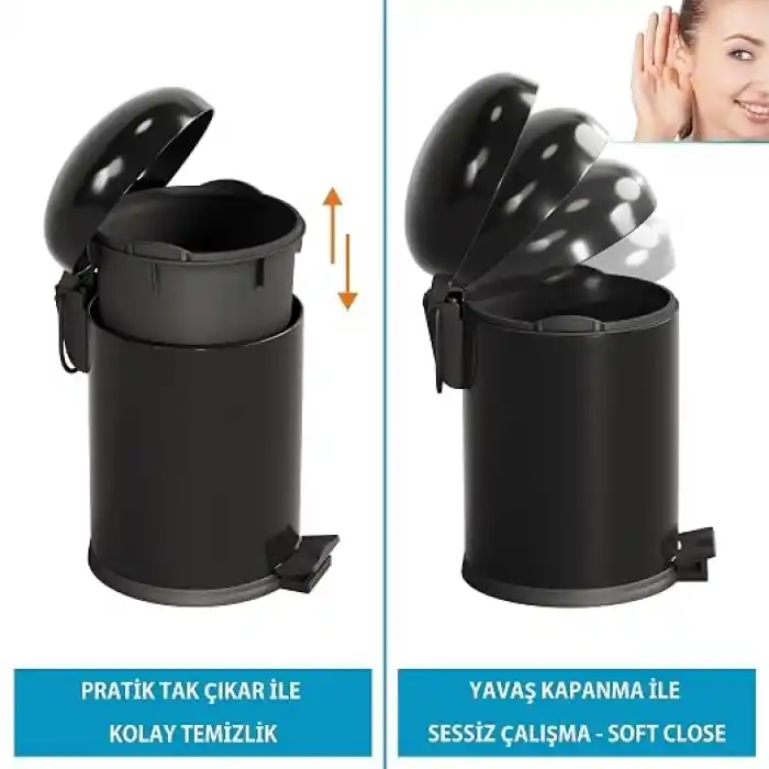 Aqua Bagno Smile Çöp Kovası -Pedallı 5 lt, Mat Siyah