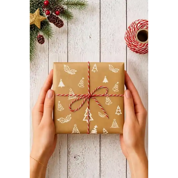 Bimotif 10lu Ambalaj, Paket Kağıdı, 70x100 cm Çam Desenli, Kraft-Beyaz Tek Ebat