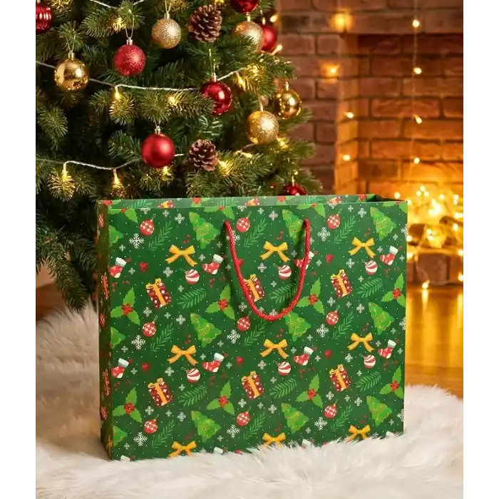 Yılbaşı Temalı Hediye Çantası - Sert Karton Çanta Hediyelik Yüksek Kalite Poşet Noel Konsept Ambalaj