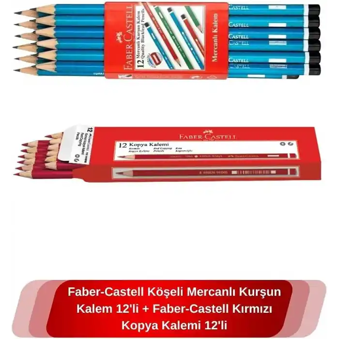 Faber Castell Köşeli Mercanlı Kurşun Kalem 12Li + Faber-Castell Kırmızı Kopya Kalemi 12Li