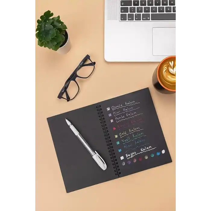 Siyah Yapraklı Spiralli A5 14x20 Cm Defter 30 Yaprak 60 Sayfa & Beyaz Jel Kalem Hediyeli Siyah