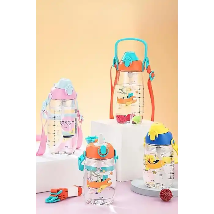 Uzspace 500ml Askılı Kulplu Pipetli Tritan Çocuk Su Matarası (Mavi-Sarı)