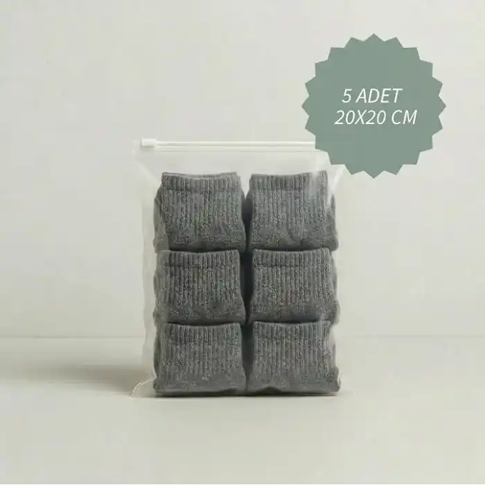 Fermuarlı Yarım Mat Buzlu Şeffaf Tekstil Saklama Torbası Seti, 140 Mikron, BPA İçermez, Zip Kilit, Plastik Malzeme (5 Farklı Ölçü Her Ölçüden 5er Adet - Toplam 25 Parça)