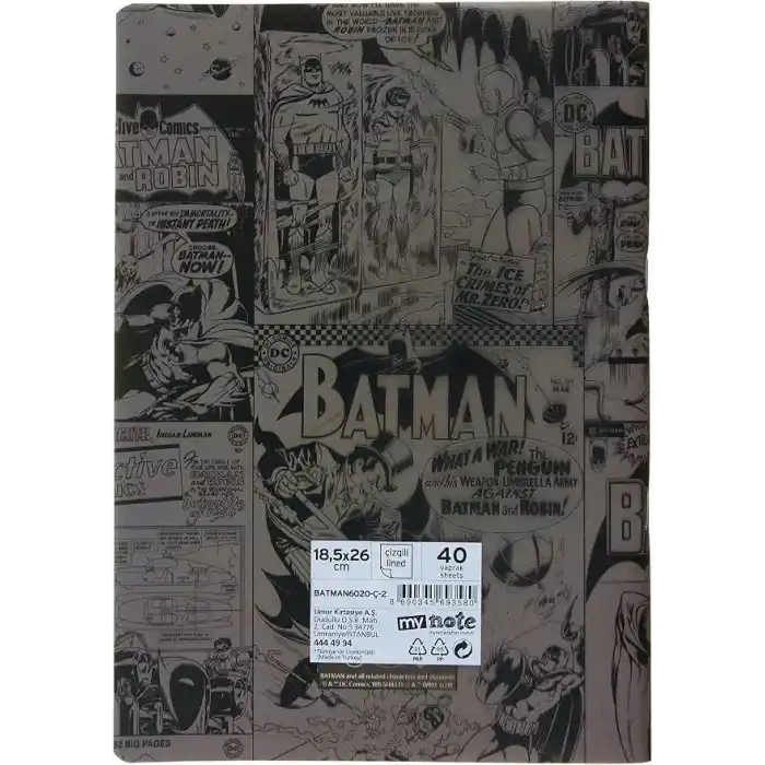 Mynote BATMAN 26X18,5 40 Yaprak PP Kapak Çizgili Defter Batman Logo1