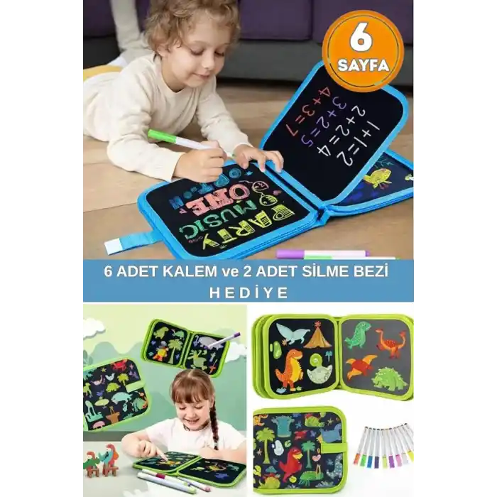 Silinebilir Doodle Çizim Defteri, Dinozor Temalı, 6 Sayfa, 6 Kalem ve 2 Silme Bezi Dahil, Taşınabilir