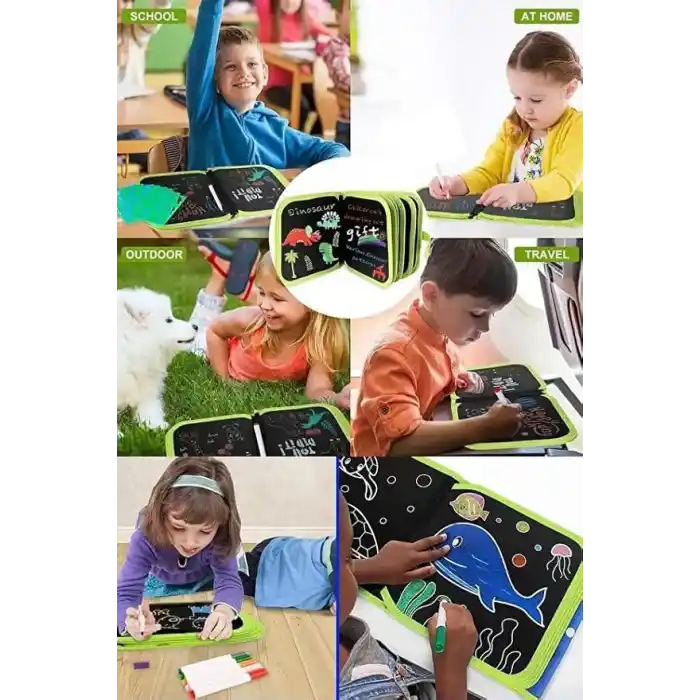 Silinebilir Doodle Çizim Defteri, Dinozor Temalı, 6 Sayfa, 6 Kalem ve 2 Silme Bezi Dahil, Taşınabilir