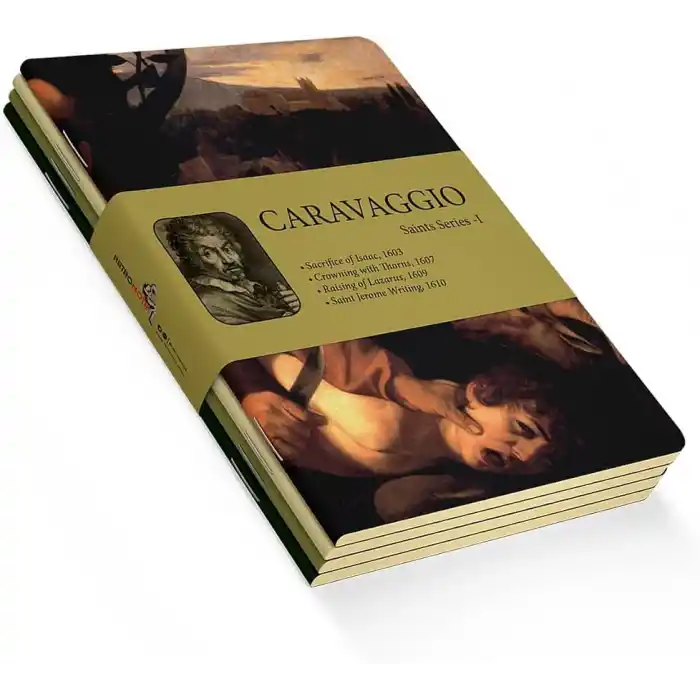 Retronote Saint Series I - A5, Caravaggio 4lü Defter Seti III, Çizgisiz, Toplam 256 Sayfa, Her biri 64 Sayfa, Tel Dikiş, Esnek Kapak, Oval Kenar, Tuval Doku, 60 gram, Sarı Krem Renk, çok renkli