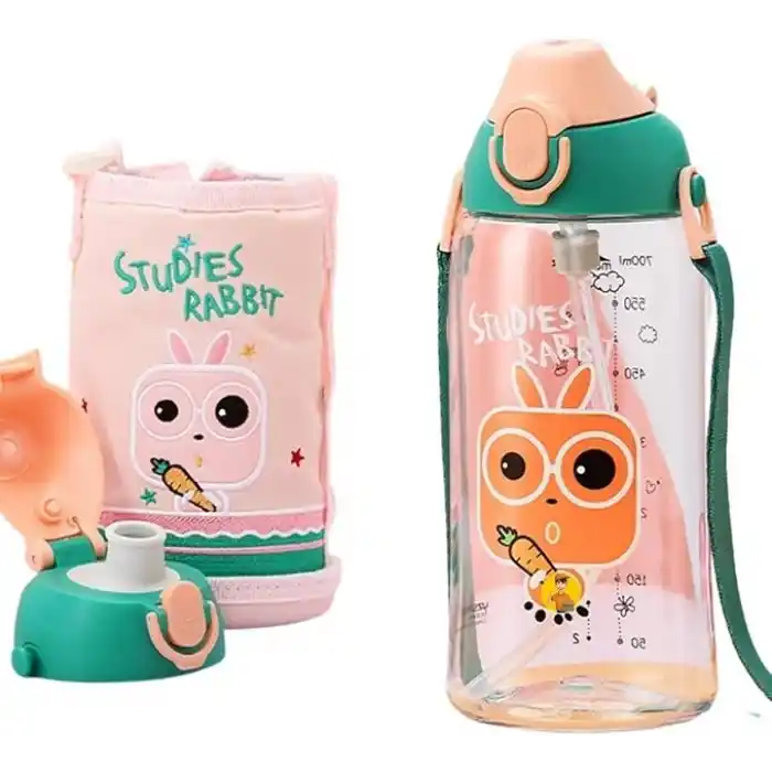 Uzspace Büyük Boy 700ml Kılıflı Askılı Pipetli/pipetsiz Iki Ayrı Kapaklı Tritan Çocuk Matarası (Studies Rabbit (Pudra Pembe-Yeşil))