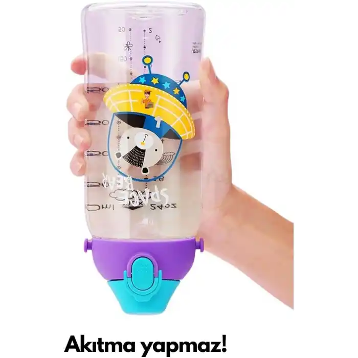 Uzspace Büyük Boy 700ml Kılıflı Askılı Pipetli/pipetsiz Iki Ayrı Kapaklı Tritan Çocuk Matarası (Studies Rabbit (Pudra Pembe-Yeşil))