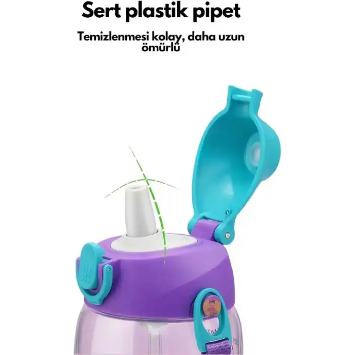Uzspace Büyük Boy 700ml Kılıflı Askılı Pipetli/pipetsiz Iki Ayrı Kapaklı Tritan Çocuk Matarası (Studies Rabbit (Pudra Pembe-Yeşil))