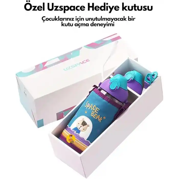 Uzspace Büyük Boy 700ml Kılıflı Askılı Pipetli/pipetsiz Iki Ayrı Kapaklı Tritan Çocuk Matarası (Studies Rabbit (Pudra Pembe-Yeşil))
